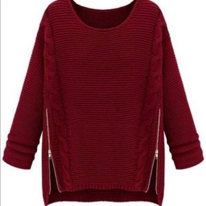 Wine red long sleeve side zipper cable knit